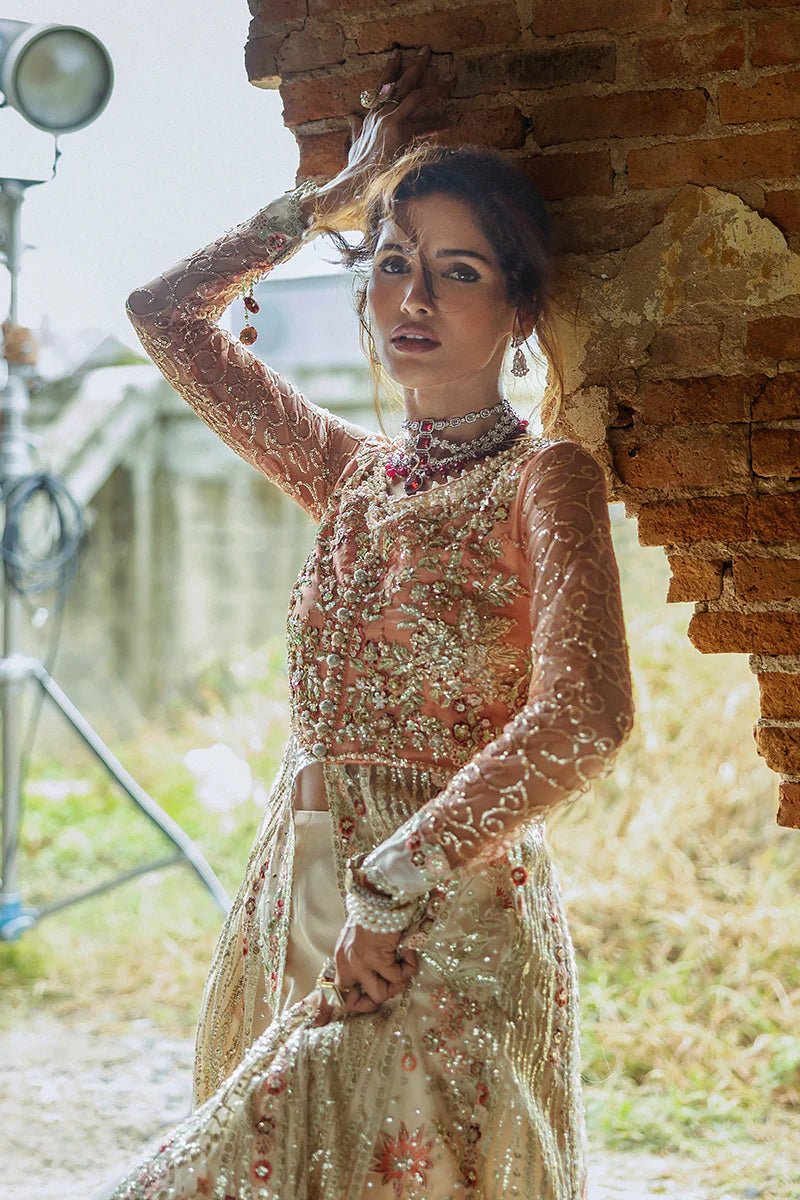 Model wearing Galaxy Gown from Mushq's Stardust Wedding Collection '24, featuring elegant craftsmanship. Pakistani clothes online in UK.