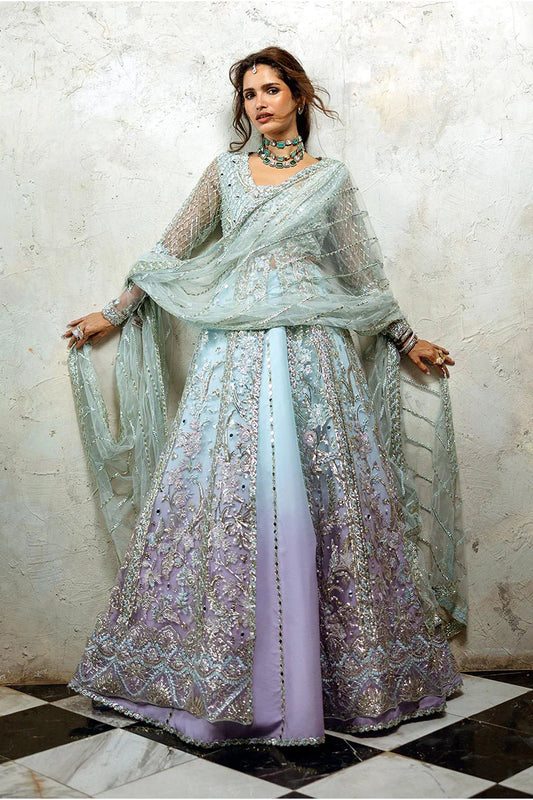 Model wearing Silver Screen from Mushq's Stardust Wedding Collection '24, featuring intricate details and elegant design. Pakistani clothes online in UK.