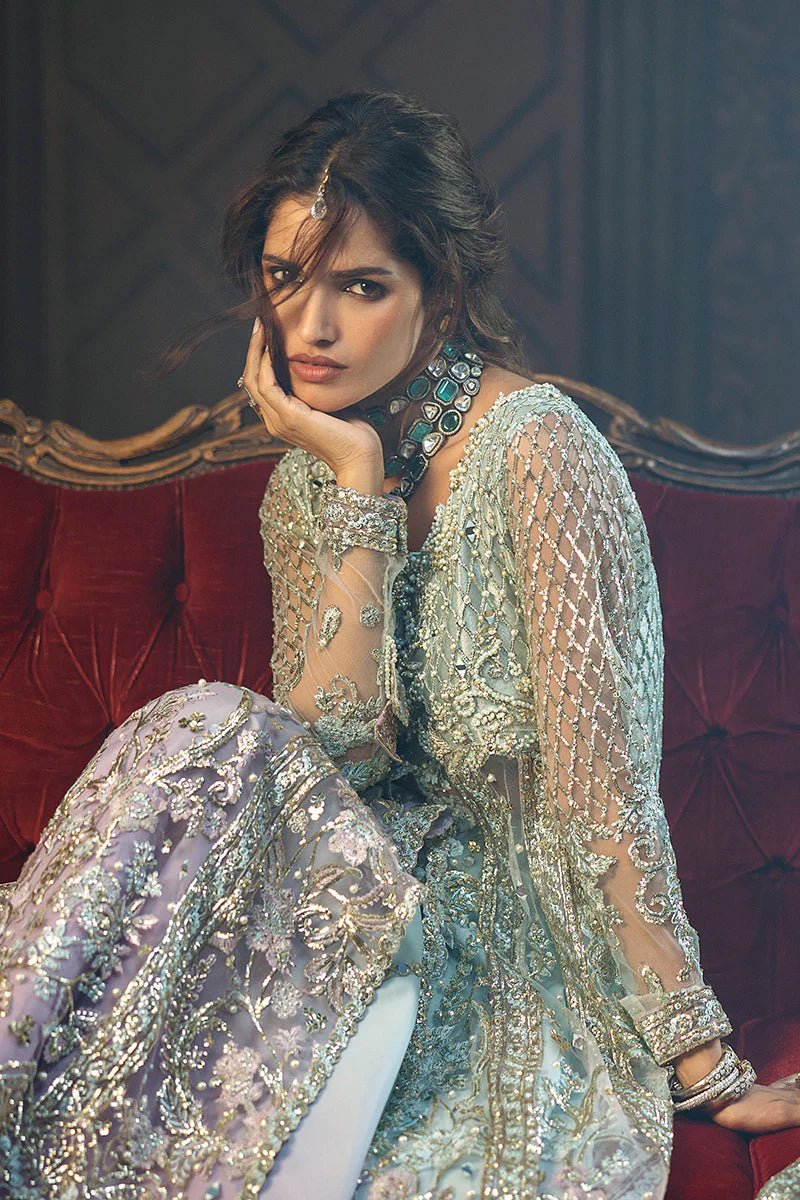 Model wearing Silver Screen from Mushq's Stardust Wedding Collection '24, featuring intricate details and elegant design. Pakistani clothes online in UK.