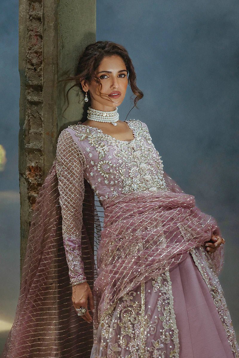 Model wearing Spotlight Dreamer from Mushq's Stardust Wedding Collection '24, showcasing luxurious details. Pakistani clothes online in UK.