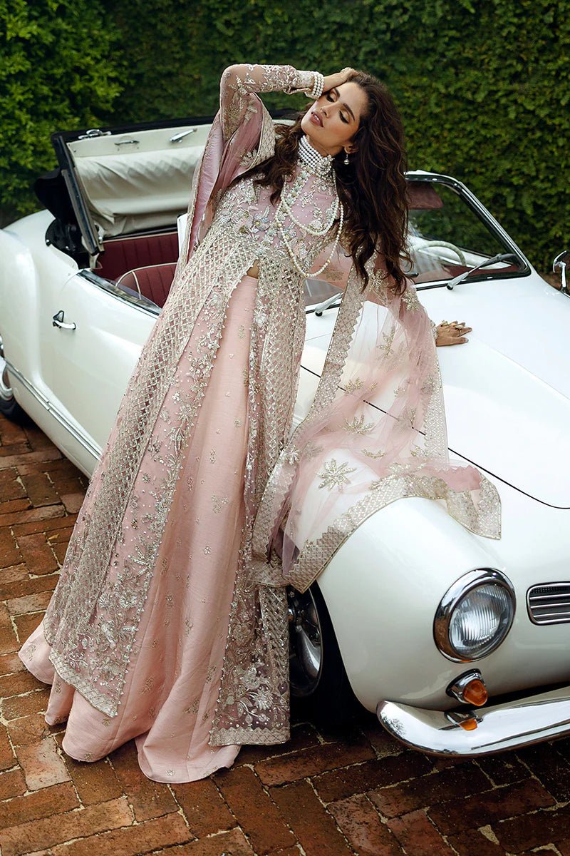 Model wearing Starlet Sparkle from Mushq's Stardust Wedding Collection '24, featuring intricate embellishments. Pakistani clothes online in UK.