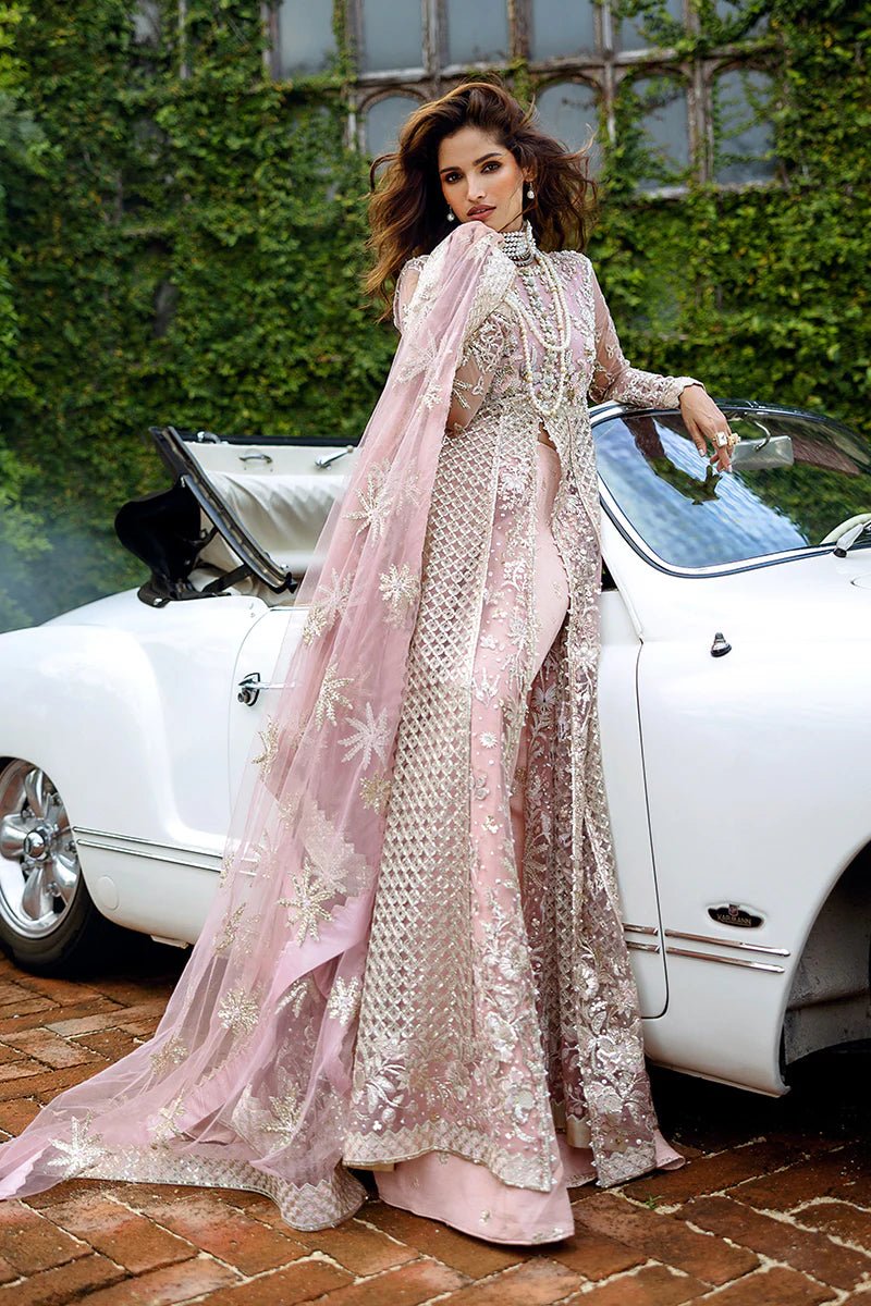 Model wearing Starlet Sparkle from Mushq's Stardust Wedding Collection '24, featuring intricate embellishments. Pakistani clothes online in UK.