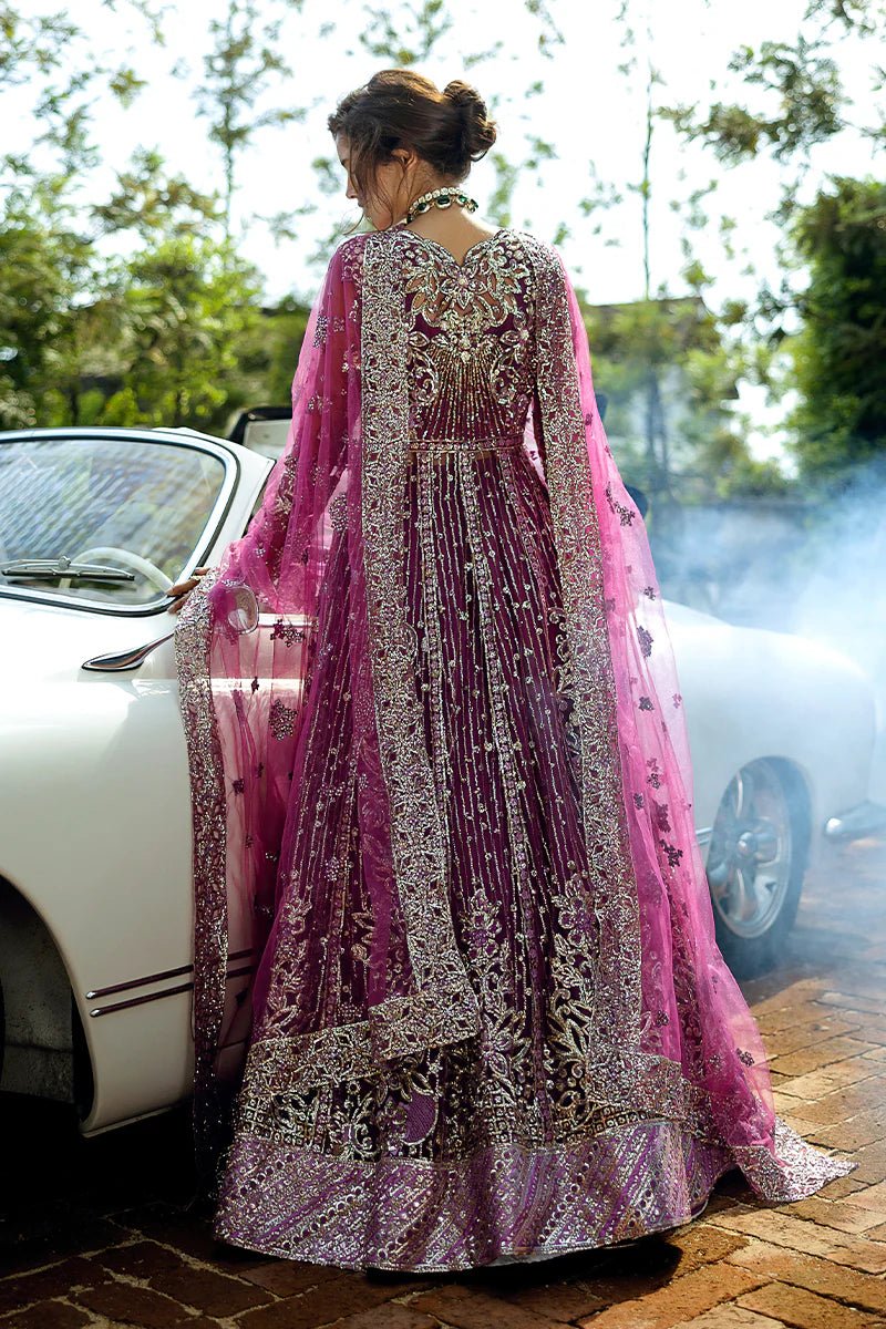 Model wearing Starstruck Elegance from Mushq's Stardust Wedding Collection '24, showcasing intricate detailing. Pakistani clothes online in UK.