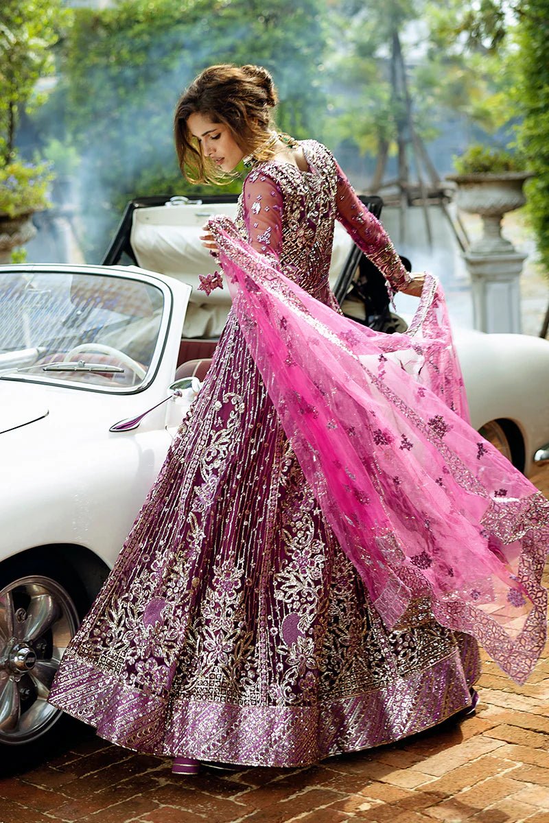 Model wearing Starstruck Elegance from Mushq's Stardust Wedding Collection '24, showcasing intricate detailing. Pakistani clothes online in UK.