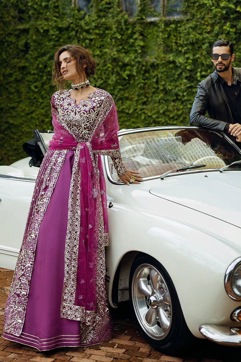 Model wearing Starstruck Elegance from Mushq's Stardust Wedding Collection '24, showcasing intricate detailing. Pakistani clothes online in UK.