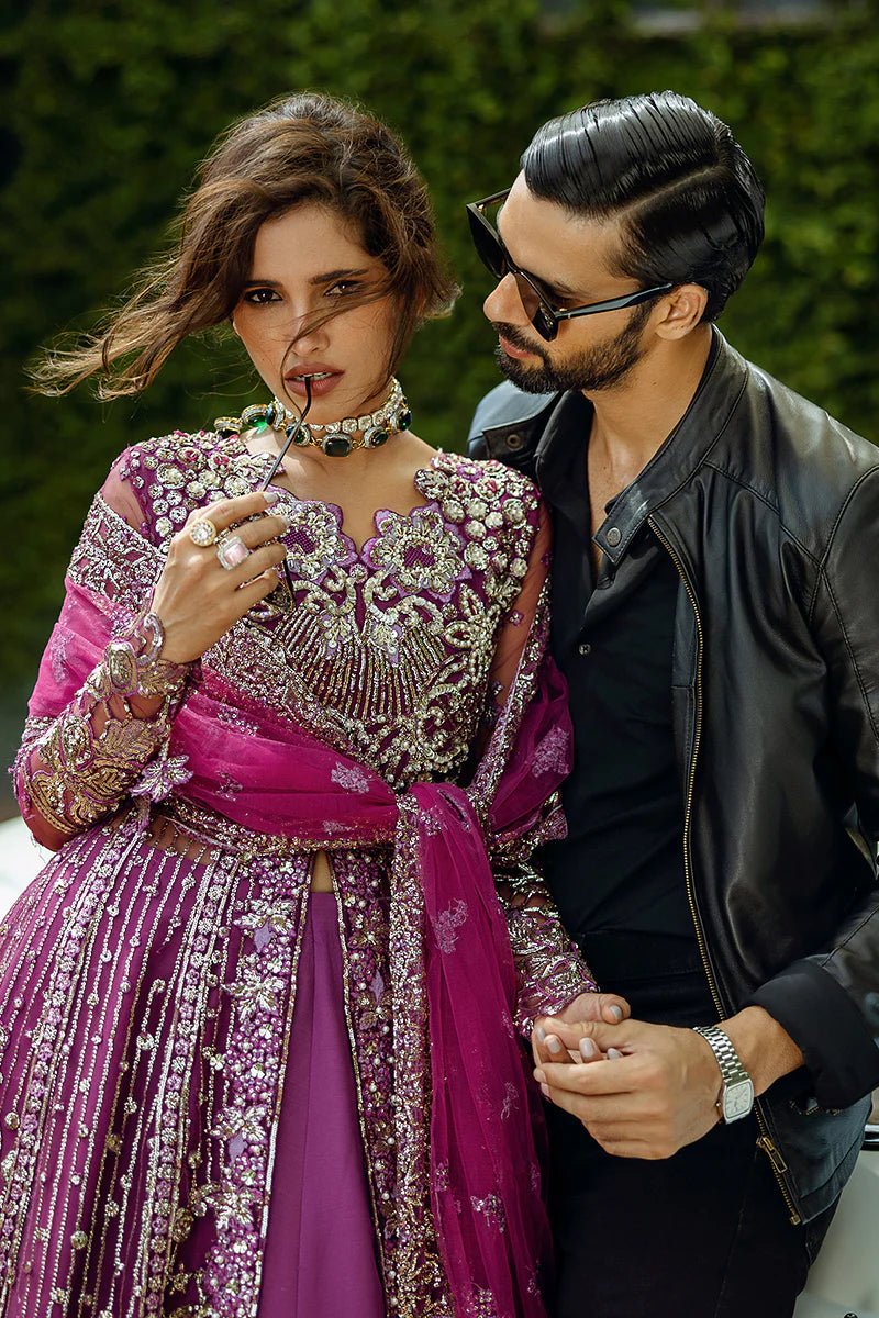 Model wearing Starstruck Elegance from Mushq's Stardust Wedding Collection '24, showcasing intricate detailing. Pakistani clothes online in UK.