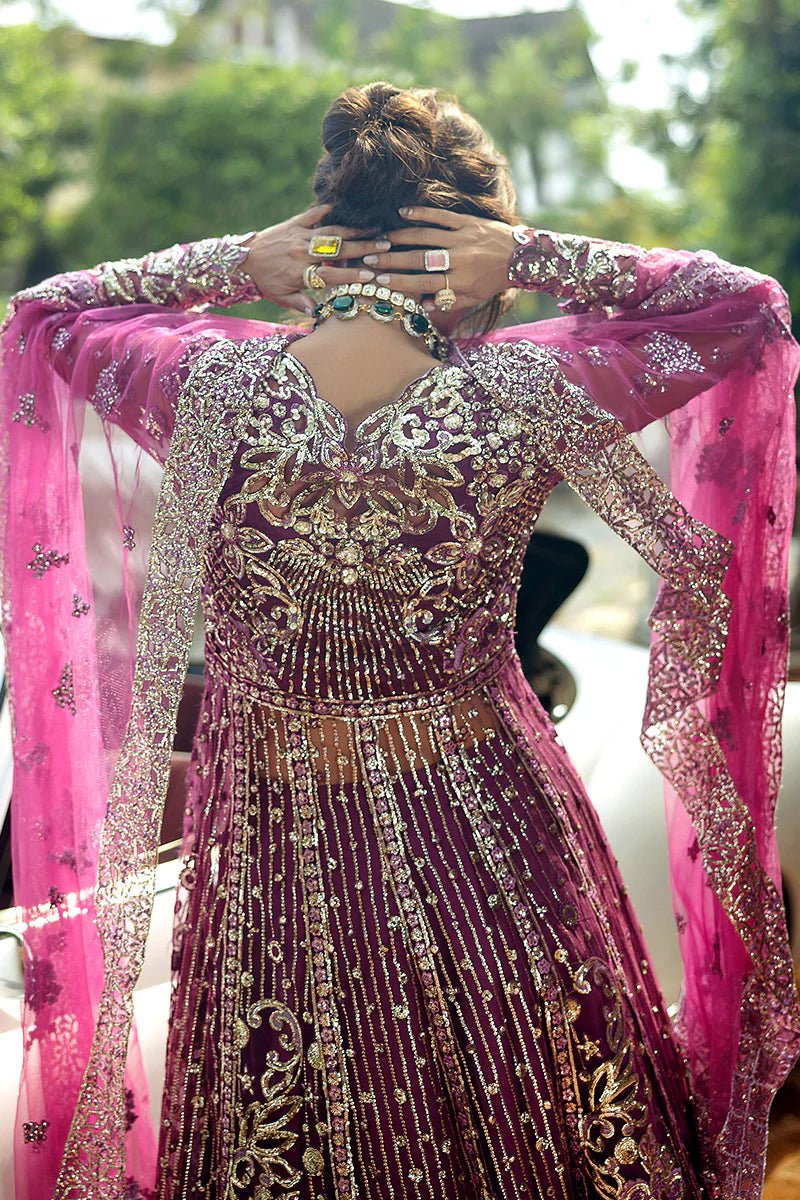 Model wearing Starstruck Elegance from Mushq's Stardust Wedding Collection '24, showcasing intricate detailing. Pakistani clothes online in UK.