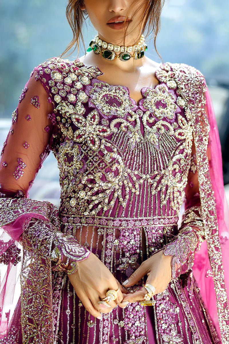 Model wearing Starstruck Elegance from Mushq's Stardust Wedding Collection '24, showcasing intricate detailing. Pakistani clothes online in UK.