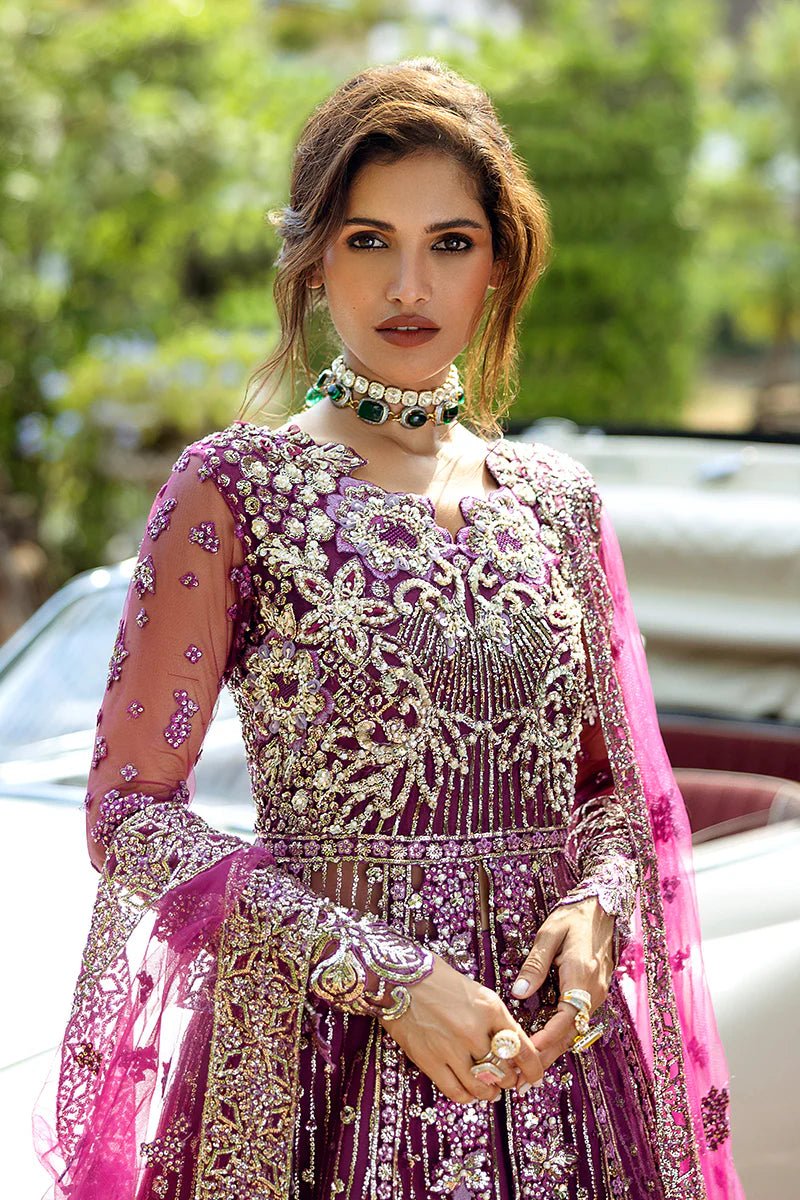 Model wearing Starstruck Elegance from Mushq's Stardust Wedding Collection '24, showcasing intricate detailing. Pakistani clothes online in UK.