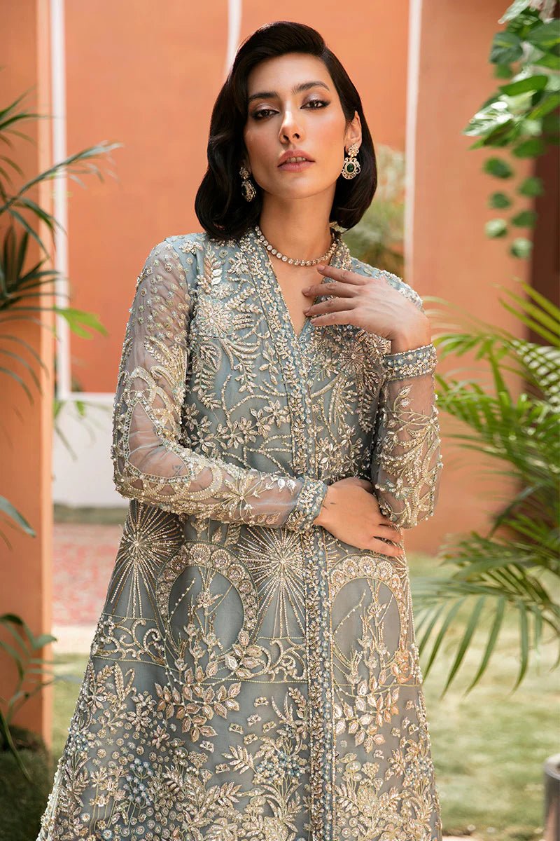 Model wearing Amora dress from Mushq's Tuscany Luxury Formals collection. Elegant Pakistani clothes online in UK at Signature Labels.