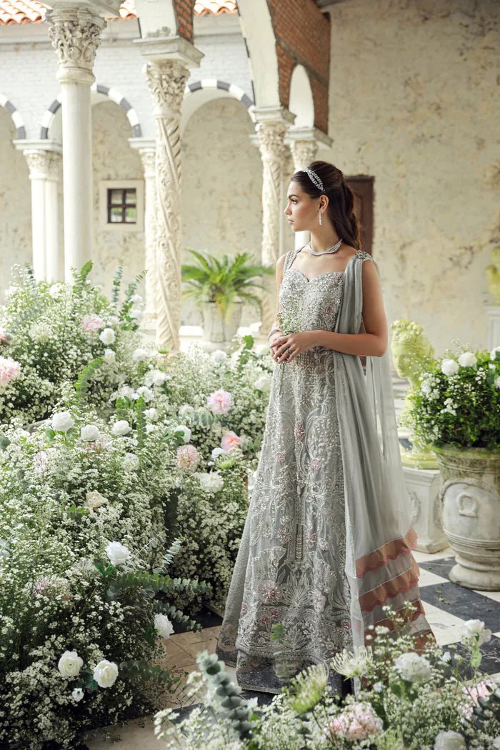 Model wearing Ezra from Mysie by Tahira's Arzu Bridals '24 collection in soft pink. Wedding wear, bridal, Pakistani clothes online in UK.