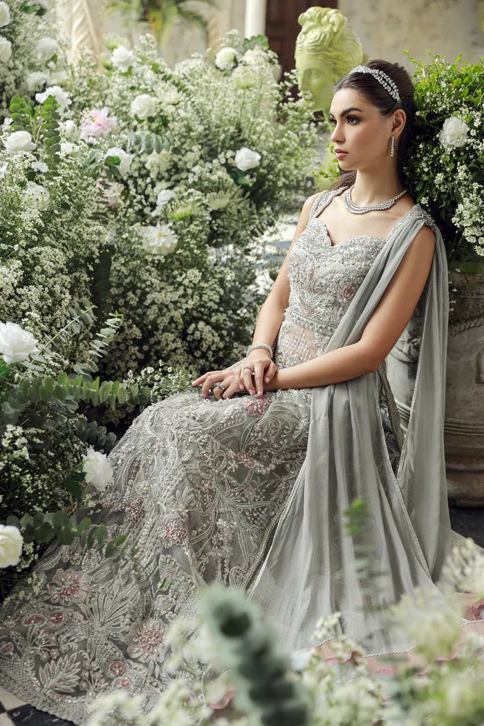 Model wearing Ezra from Mysie by Tahira's Arzu Bridals '24 collection in soft pink. Wedding wear, bridal, Pakistani clothes online in UK.