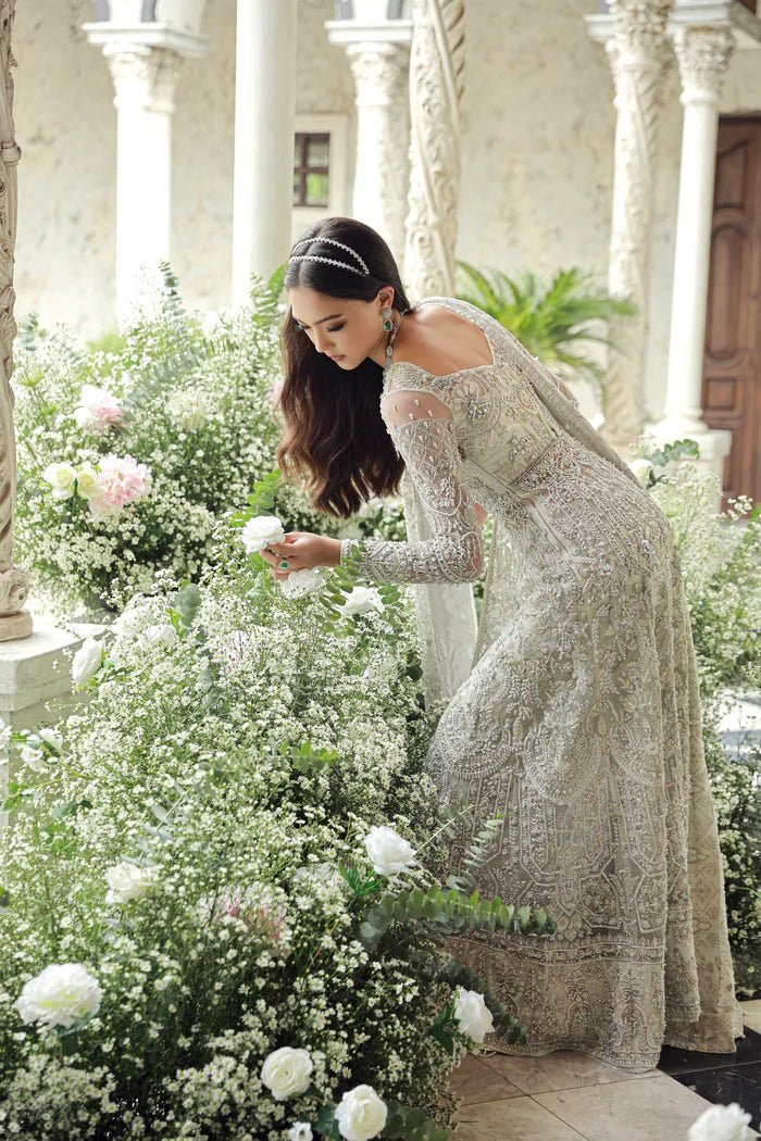 Model wearing Musk from Mysie by Tahira's Arzu Bridals '24 collection in soft beige. Wedding wear, bridal, Pakistani clothes online in UK.