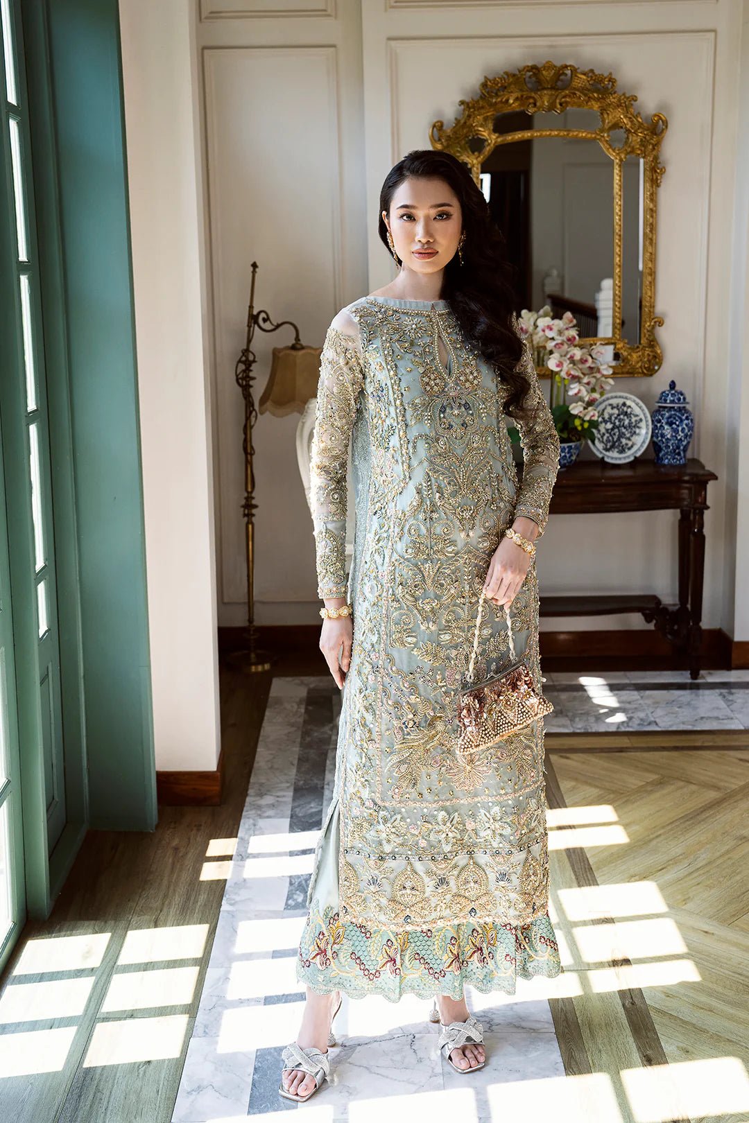 Model wearing Amriti dress from Mysie by Tahira, Eid Pret '24 collection. Pakistani clothes online in UK, traditional elegance with intricate detailing.