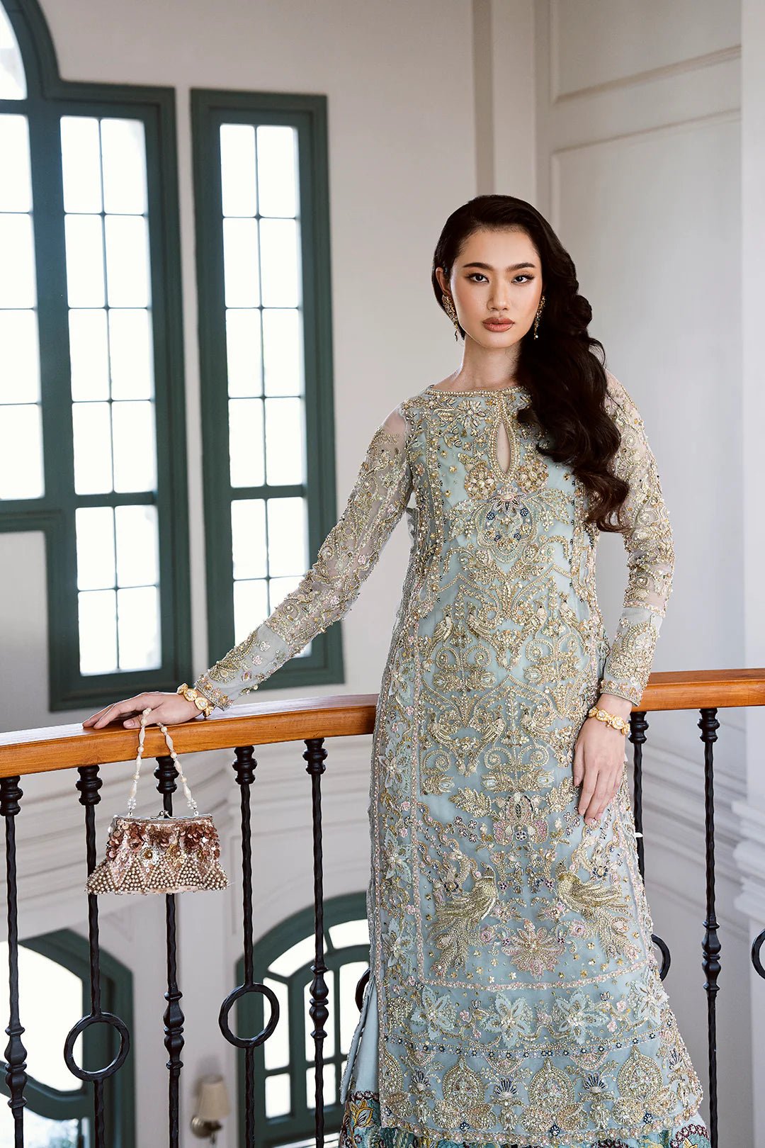 Model wearing Amriti dress from Mysie by Tahira, Eid Pret '24 collection. Pakistani clothes online in UK, traditional elegance with intricate detailing.