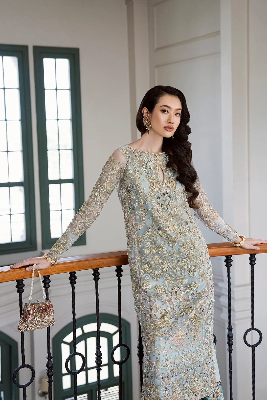 Model wearing Amriti dress from Mysie by Tahira, Eid Pret '24 collection. Pakistani clothes online in UK, traditional elegance with intricate detailing.