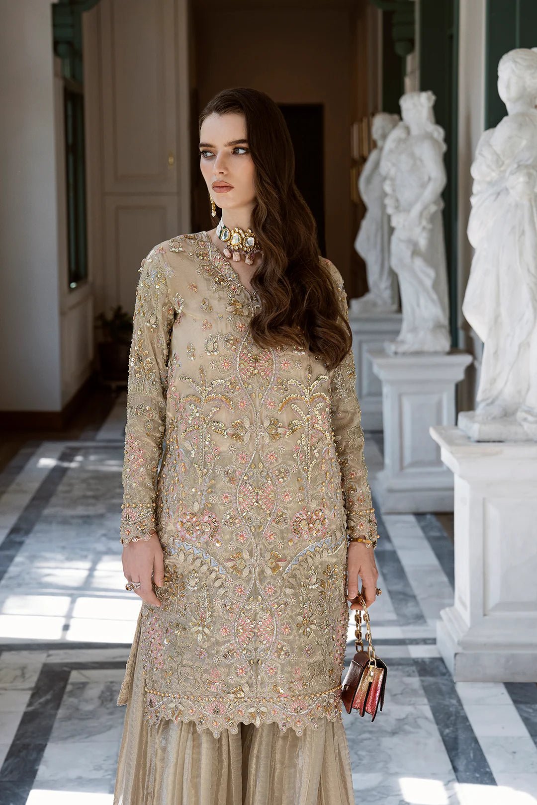 Model wearing Rameen dress from Mysie by Tahira's Eid Pret '24 collection. Shop Pakistani clothes online in the UK.