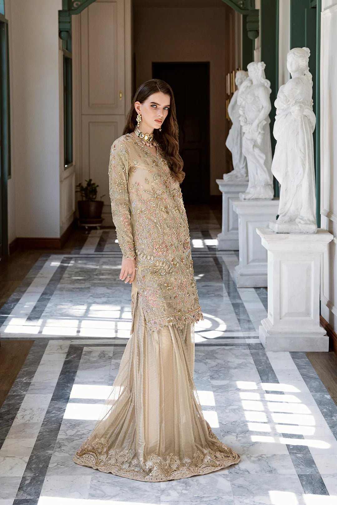 Model wearing Rameen dress from Mysie by Tahira's Eid Pret '24 collection. Shop Pakistani clothes online in the UK.