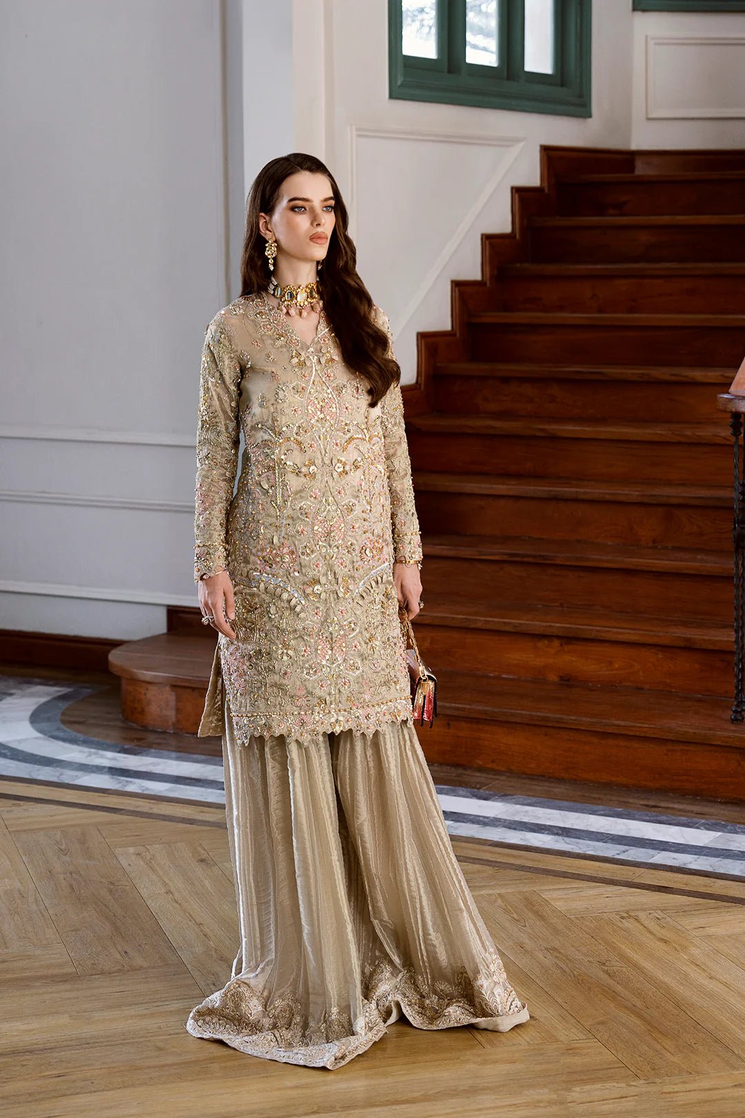 Model wearing Rameen dress from Mysie by Tahira's Eid Pret '24 collection. Shop Pakistani clothes online in the UK.