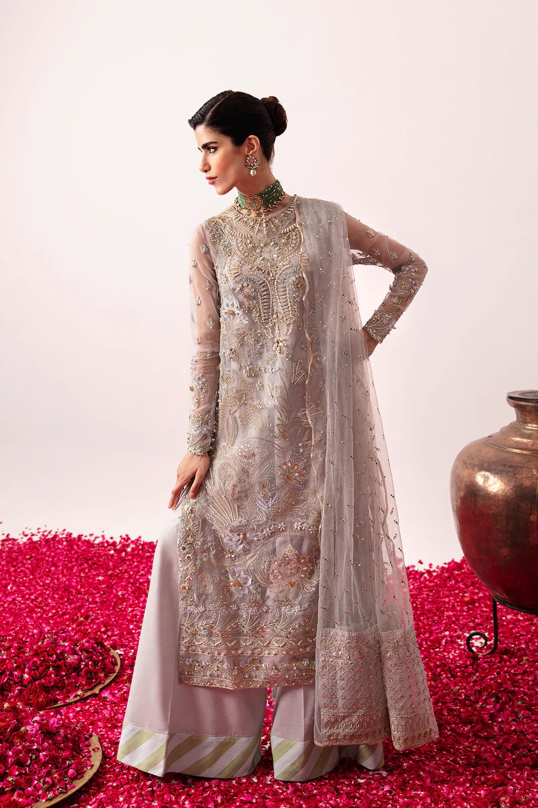 Model wearing Asha dress from Mysie by Tahira, Festive Formals '24 collection. Pakistani clothes online in UK.