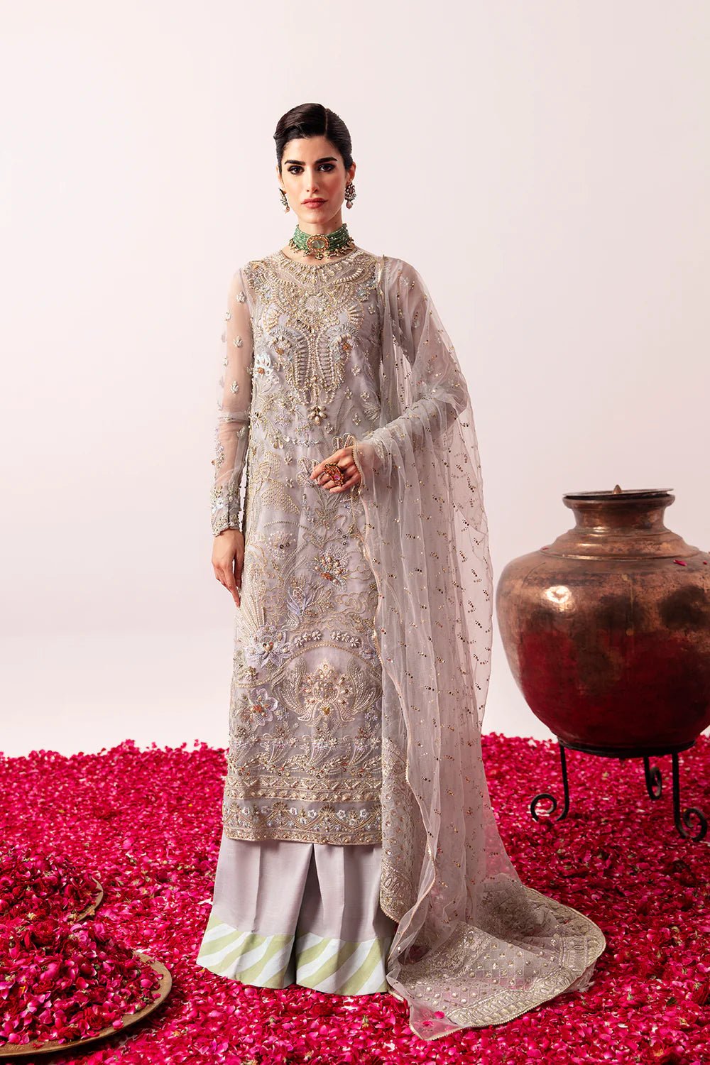 Model wearing Festive Formal's Asha, an equisite mold by Mysie by Tahira UK, Pakistani Clothes UK.