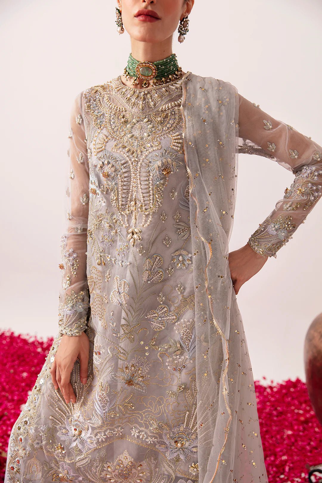 Model wearing Asha dress from Mysie by Tahira, Festive Formals '24 collection. Pakistani clothes online in UK.