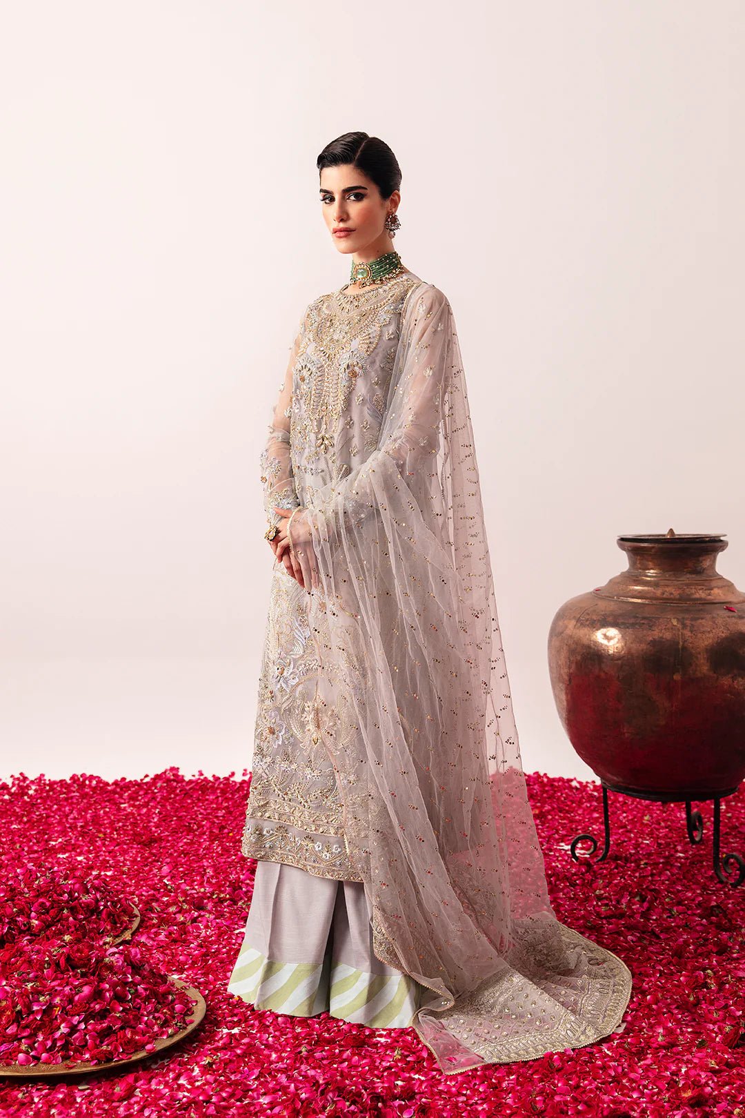 Model wearing Asha dress from Mysie by Tahira, Festive Formals '24 collection. Pakistani clothes online in UK.