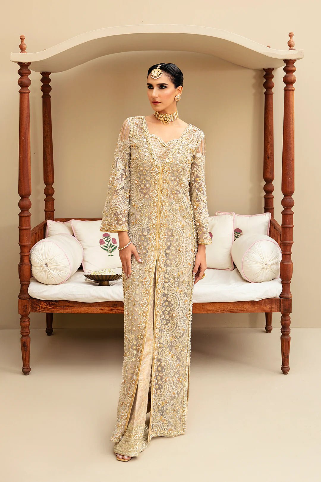 Model wearing Izzy dress from Mysie by Tahira, Festive Formals '24 collection. Pakistani clothes online in UK.