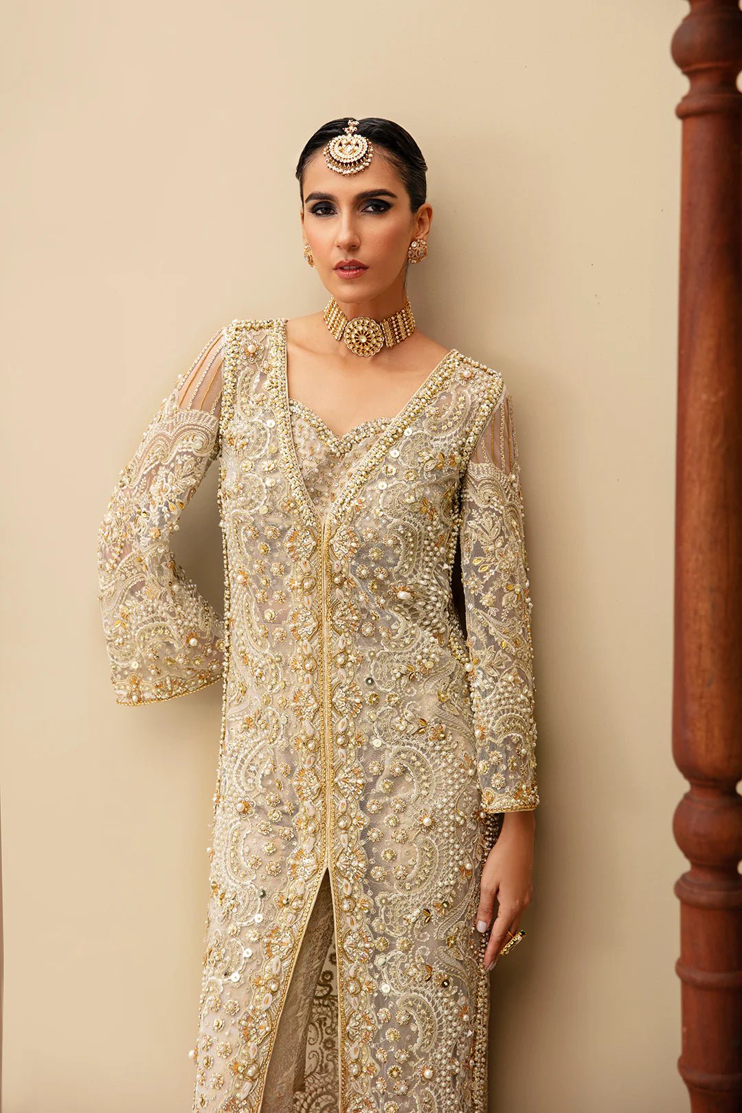 Model wearing Izzy dress from Mysie by Tahira, Festive Formals '24 collection. Pakistani clothes online in UK.