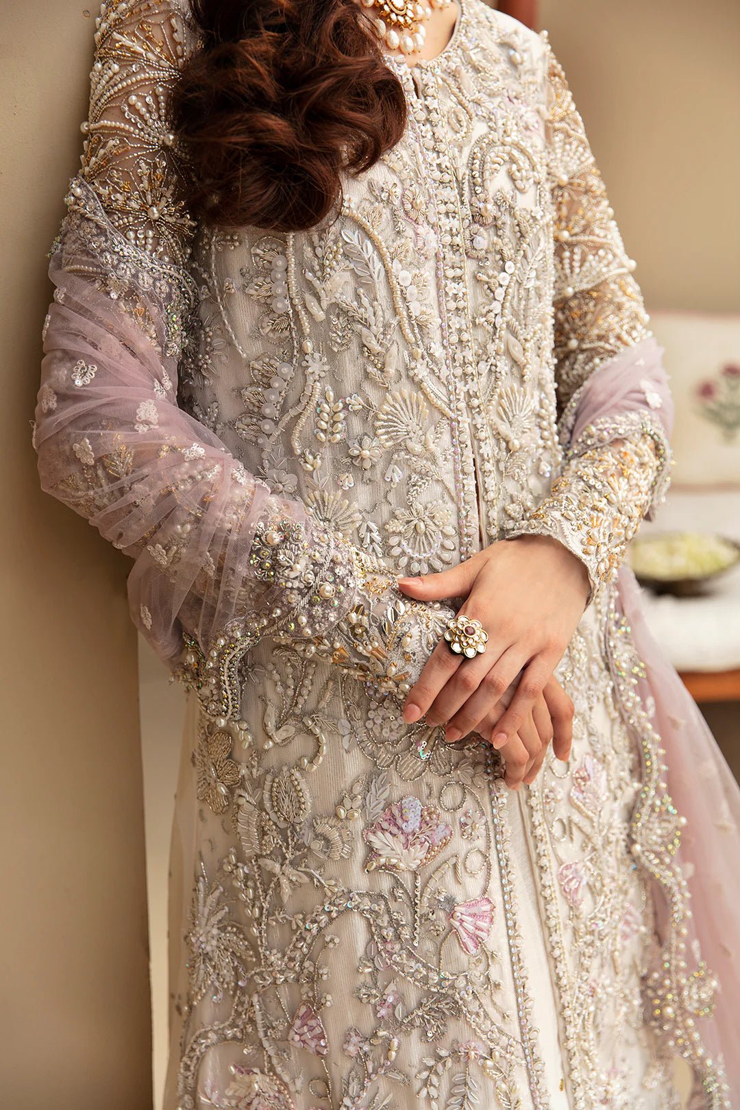 Model wearing Sophea dress from Mysie by Tahira, Festive Formals '24 collection. Pakistani clothes online in UK.