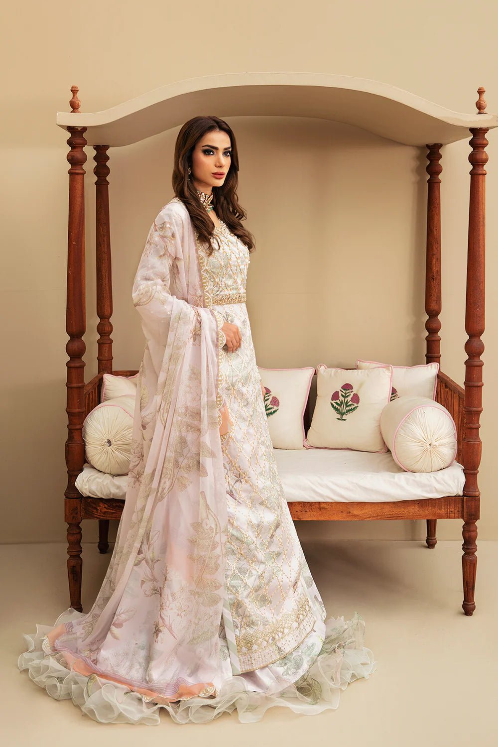 Model wearing Festive Formal's Susan, an equisite mold by Mysie by Tahira UK, Pakistani Clothes UK.