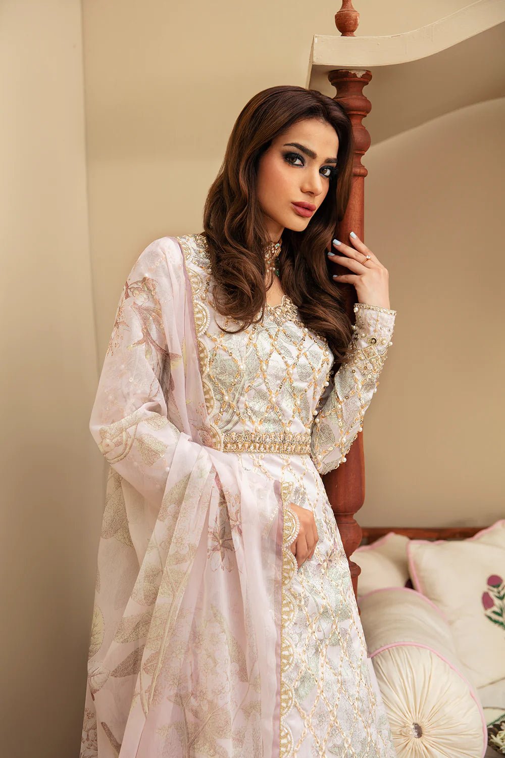 Model wearing Festive Formal's Susan, an equisite mold by Mysie by Tahira UK, Pakistani Clothes UK.