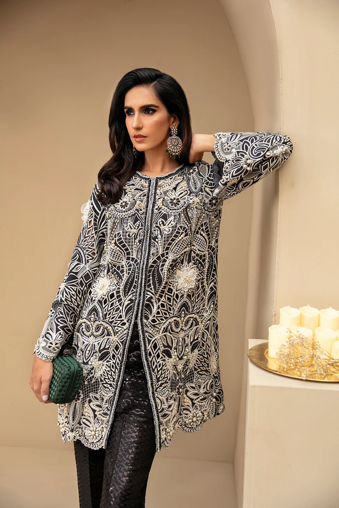 Model wearing Zelda dress from Mysie by Tahira, Festive Formals '24 collection. Pakistani clothes online in UK.