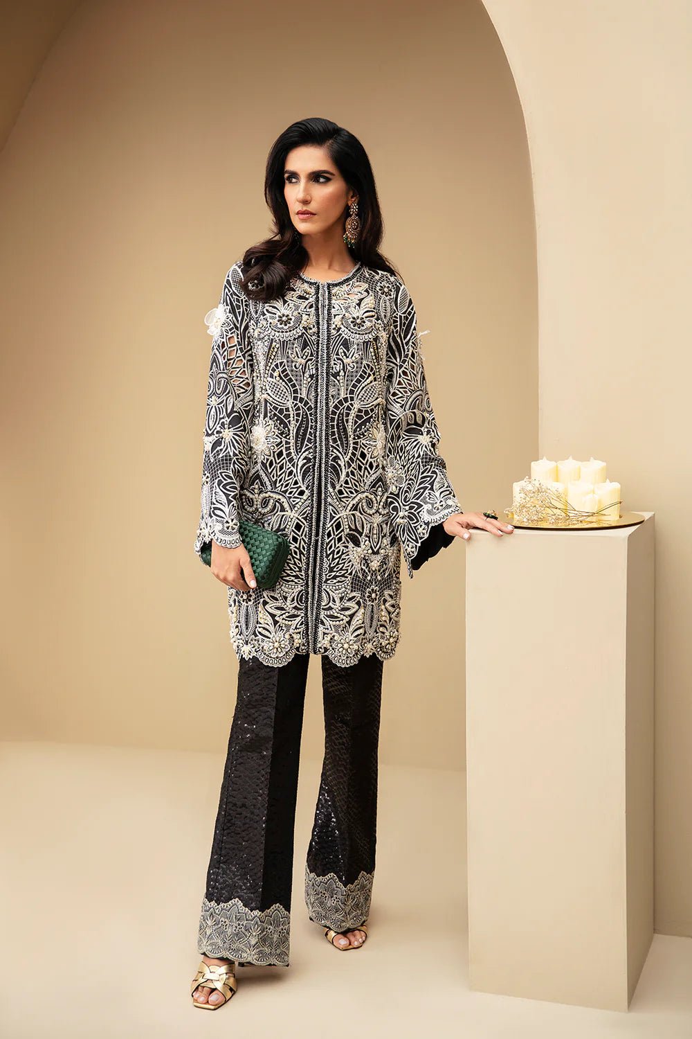 Model wearing Festive Formal's Zelda, an equisite mold by Mysie by Tahira UK, Pakistani Clothes UK.