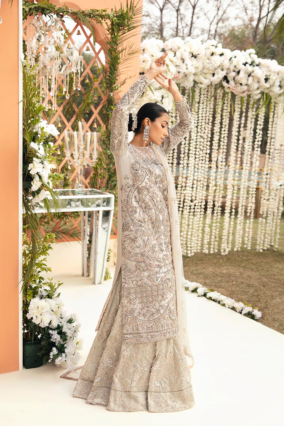 Model wearing Abiha dress from Mysie by Tahira, Poetique Bridal 24 collection. Pakistani clothes online in UK.