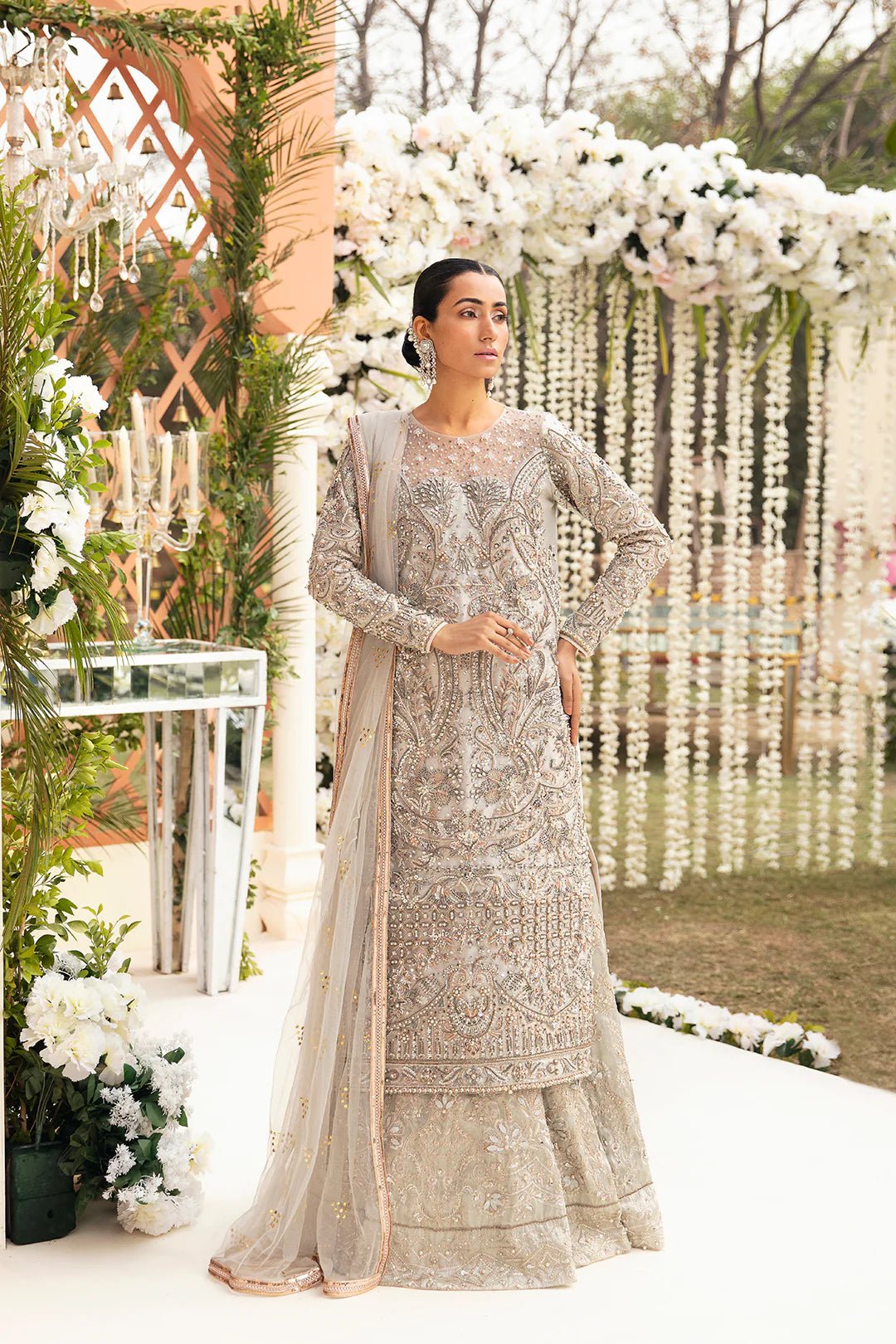 Model wearing Abiha dress from Mysie by Tahira, Poetique Bridal 24 collection. Pakistani clothes online in UK.