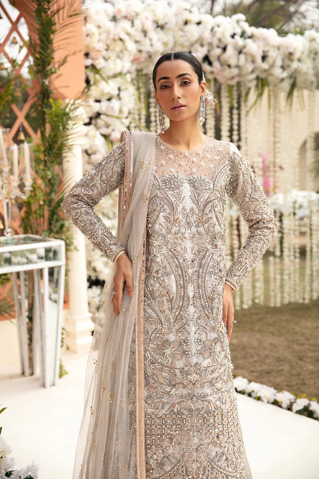 Model wearing Abiha dress from Mysie by Tahira, Poetique Bridal 24 collection. Pakistani clothes online in UK.