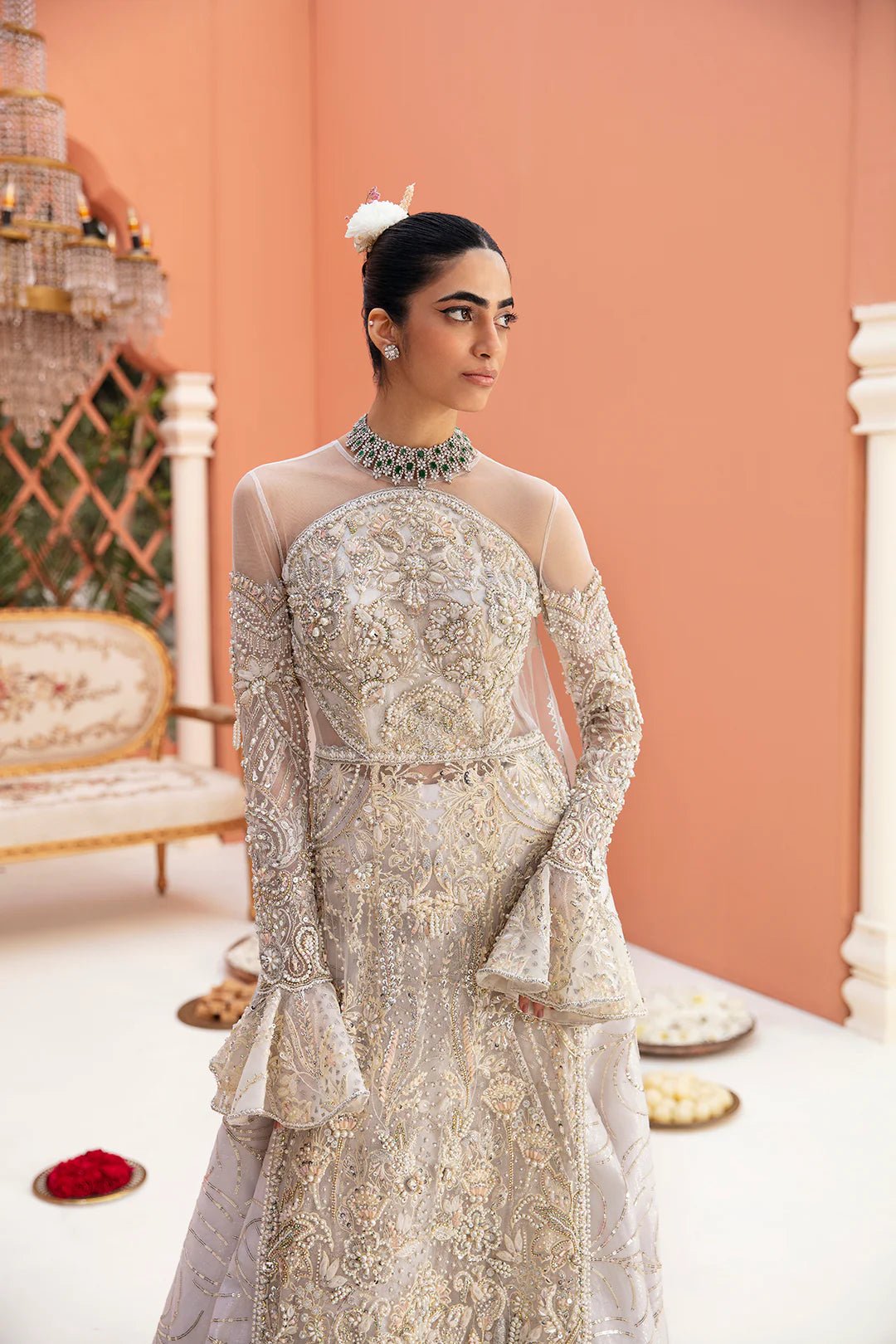 Model wearing Hurain dress from Mysie by Tahira, Poetique Bridal 24 collection. Pakistani clothes online in UK.