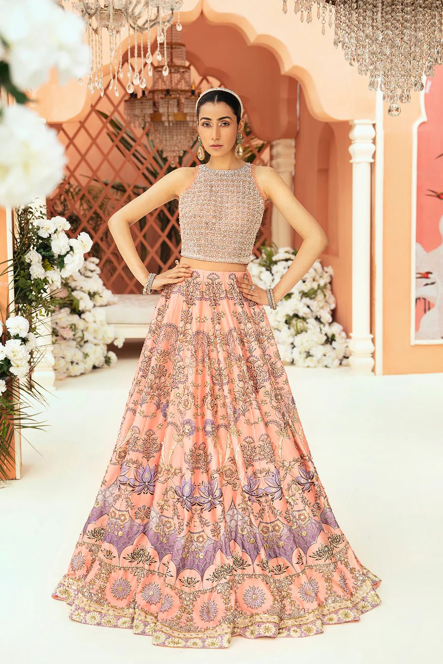 Model in a peach and lavender Liliana gown by Mysie By Tahira, an essence of Pakistani clothes UK.