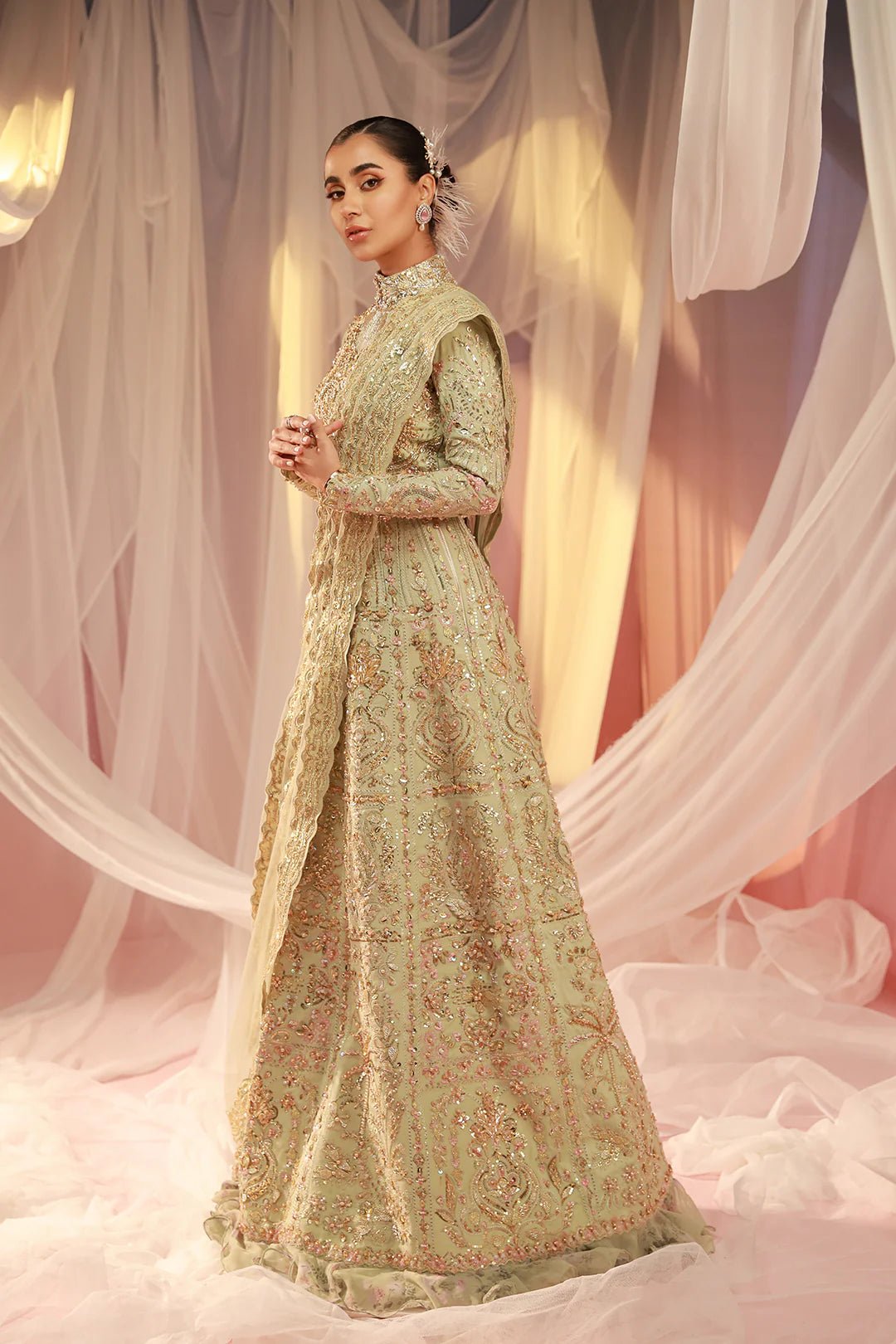 Model wearing Mahi dress from Mysie by Tahira, Poetique Bridal 24 collection. Pakistani clothes online in UK.