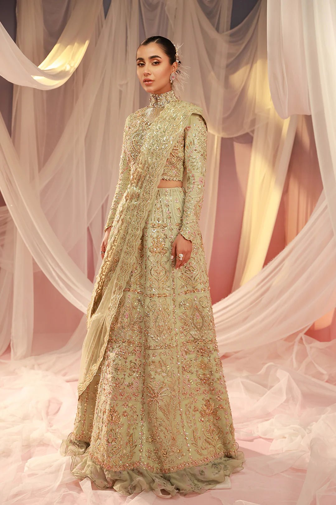 Model wearing Mahi dress from Mysie by Tahira, Poetique Bridal 24 collection. Pakistani clothes online in UK.