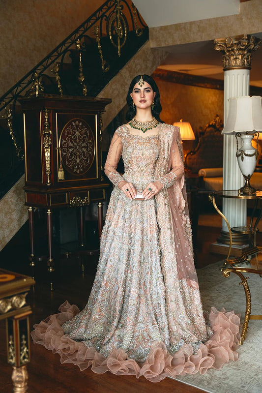 Model in Mysie By Tahira Merjan gown, blush pink with intricate embroidery, epitome of Pakistani clothes UK.