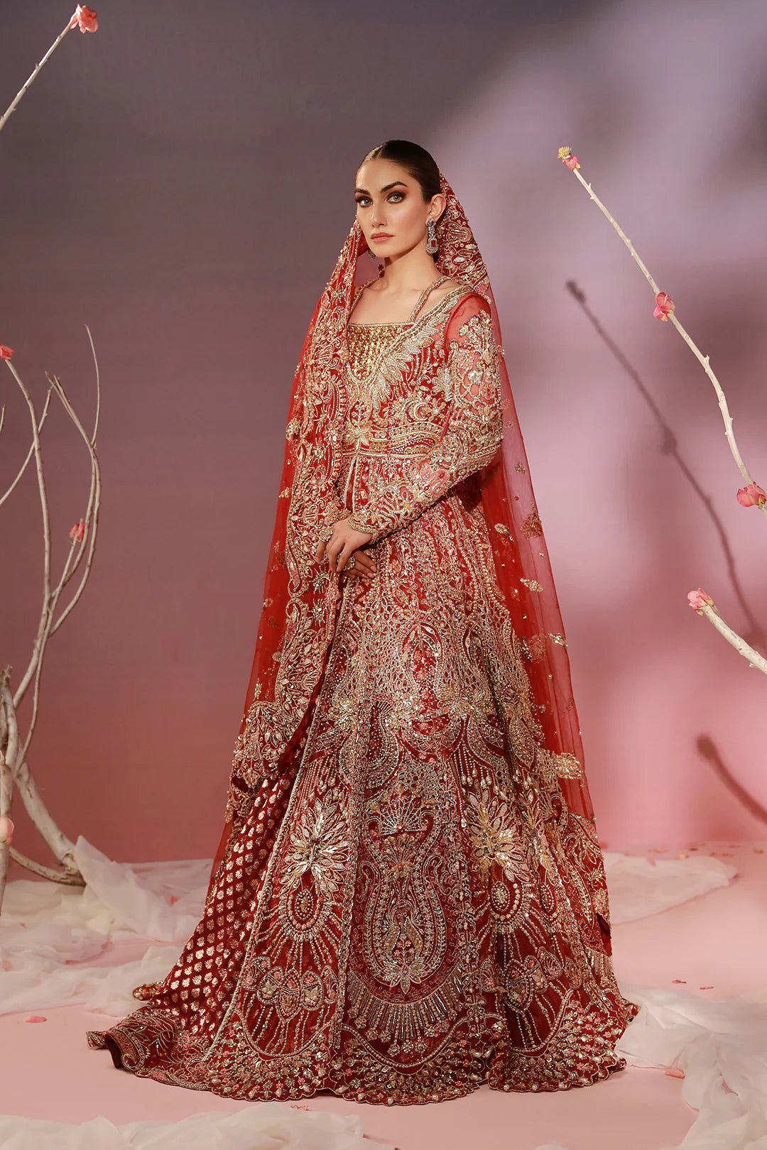 Model wearing Naina dress from Mysie by Tahira, Poetique Bridal 24 collection. Pakistani clothes online in UK.