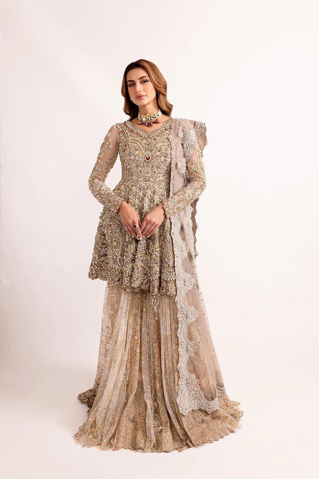 Model wearing Gulbano dress from Mysie by Tahira, Zahra Luxury Pret 24 collection. Pakistani clothes online in UK.