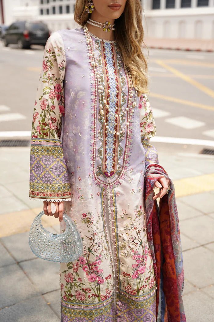 Model wearing pastel PERLIE dress from Mysie By Tahira's Zenal Summer Pret collection, Pakistani designer clothes in UK, readymade clothes.