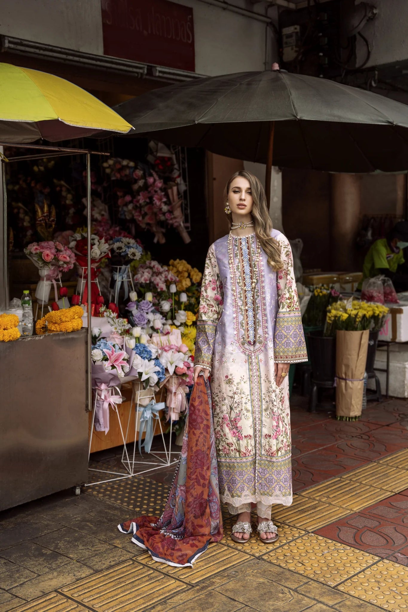 Model wearing pastel PERLIE dress from Mysie By Tahira's Zenal Summer Pret collection, Pakistani designer clothes in UK, readymade clothes.