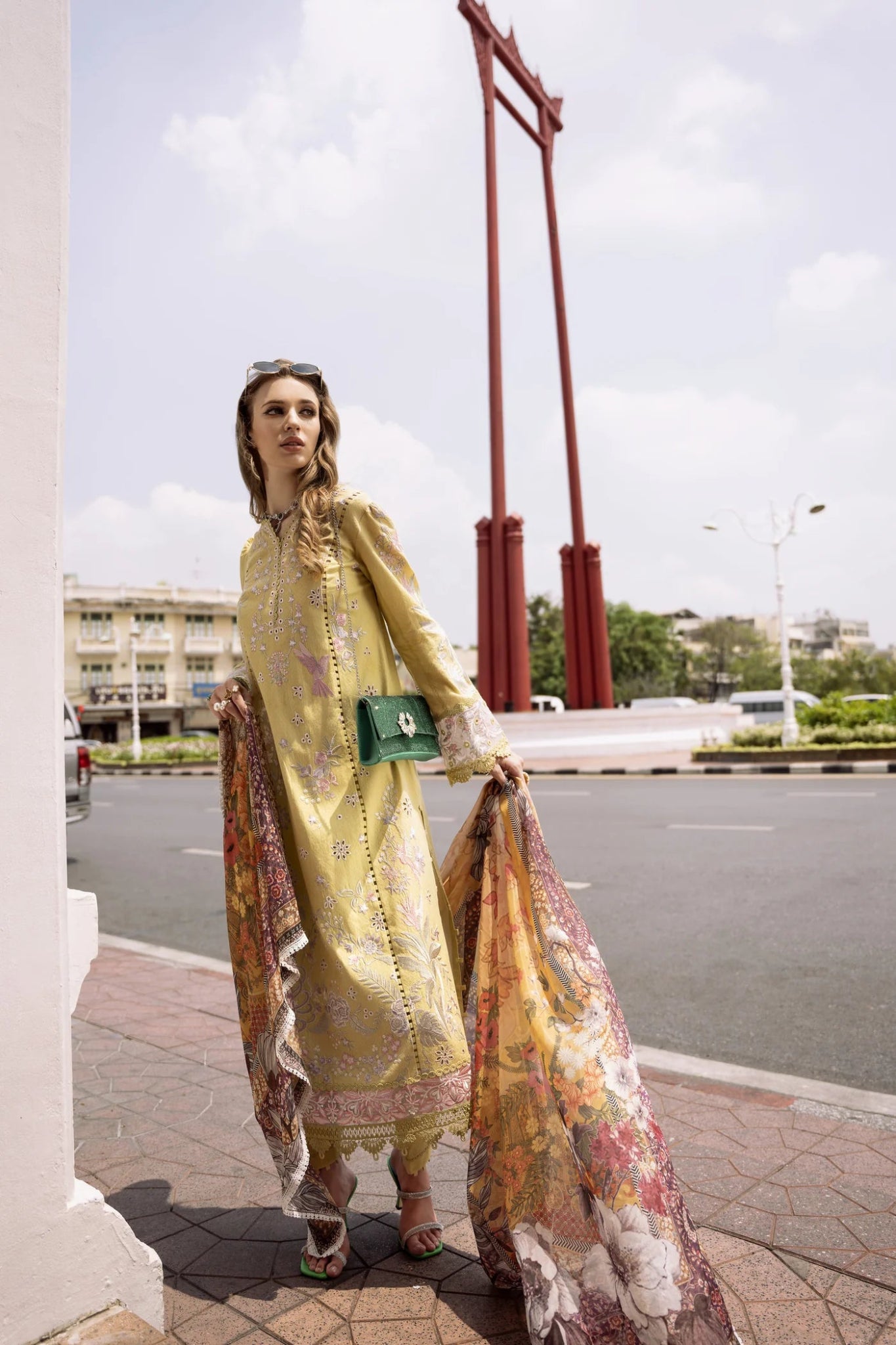 Model wearing yellow Sila dress from Mysie By Tahira's Zenal Summer Pret collection, Pakistani designer clothes in UK, readymade clothes.