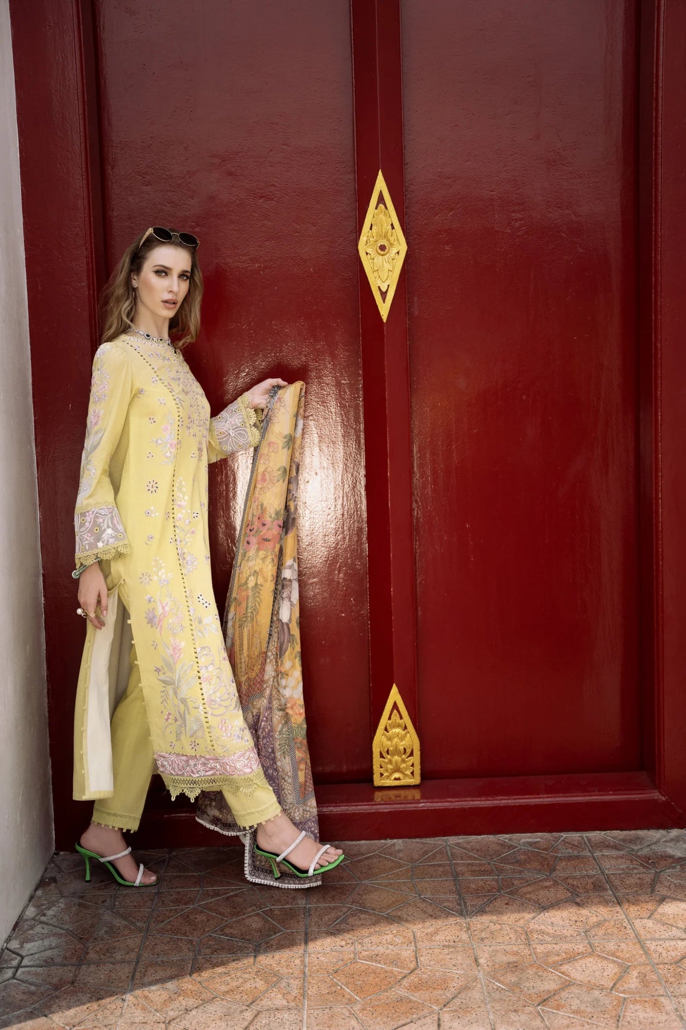 Model wearing yellow Sila dress from Mysie By Tahira's Zenal Summer Pret collection, Pakistani designer clothes in UK, readymade clothes.