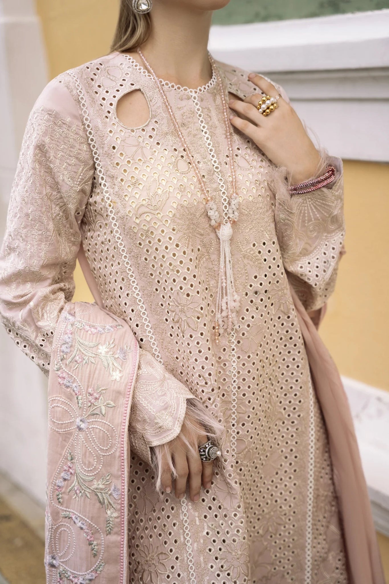 Model wearing cream Yurfa dress from Mysie By Tahira's Zenal Summer Pret collection, Pakistani designer clothes in UK, readymade clothes.