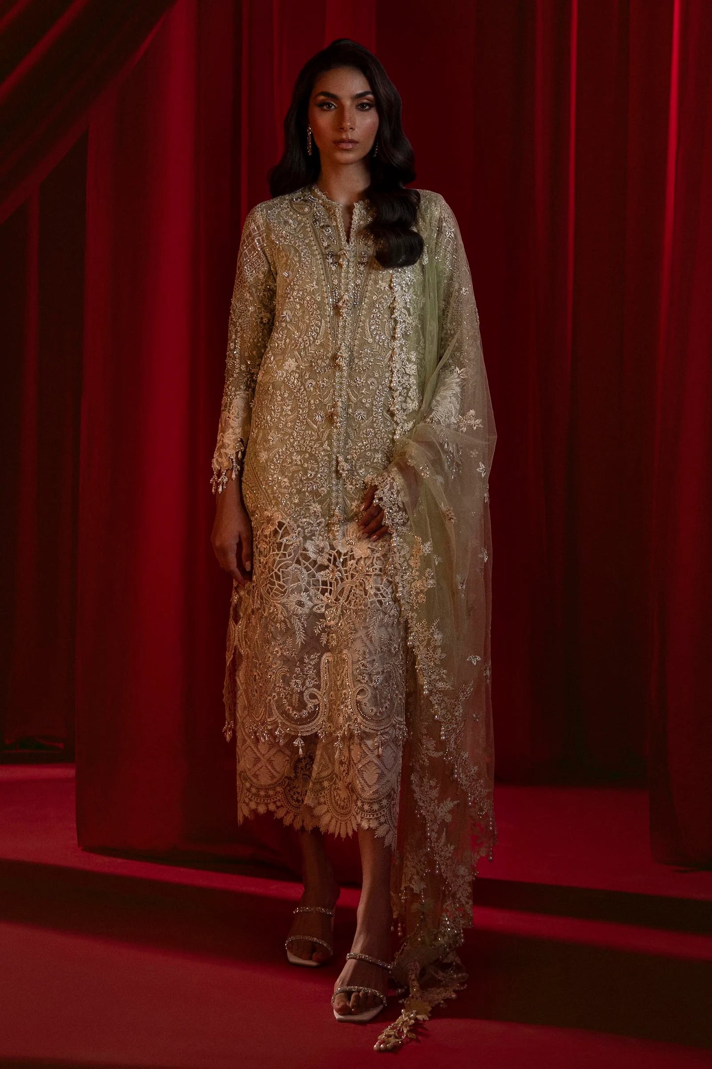 Models in Sana Safinaz N241 - 003 - 3CT embellished dresses from UK's NURA Festive Collection.